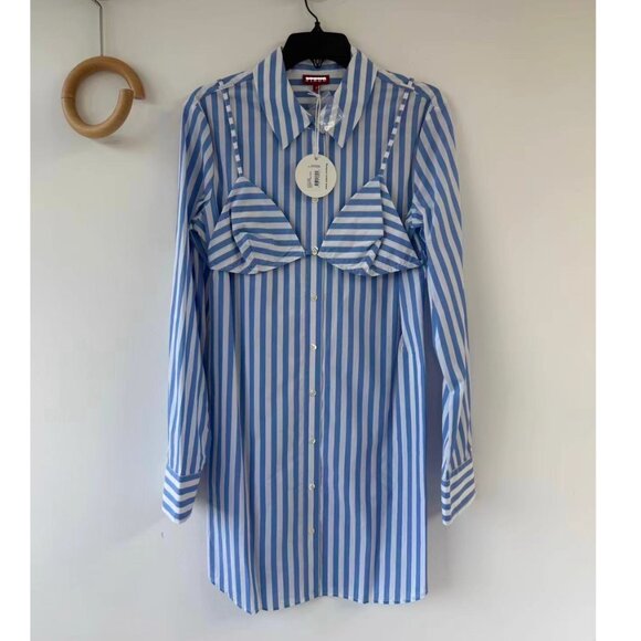 NWT STAUD Alita Tunic Shirt Dress Medium Blue White Stripe Causal - Picture 6 of 11